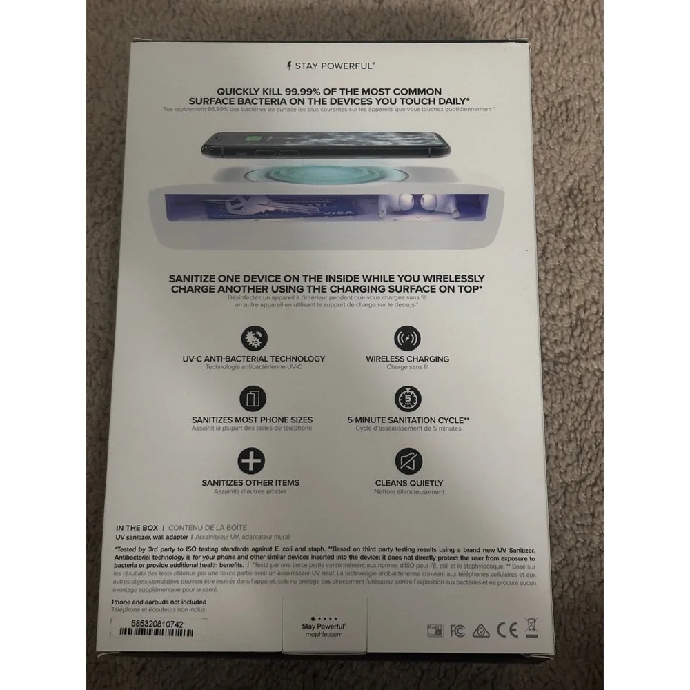 NEW Mophie | Smartphone Light Sanitizer Universal‎ Wireless Charging White